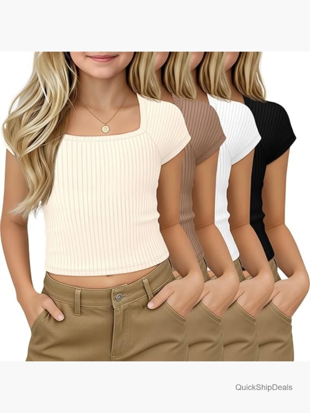Girls Ribbed Knit Crop Tops Square Neck Short Sleeve Shirts 4 Pack
